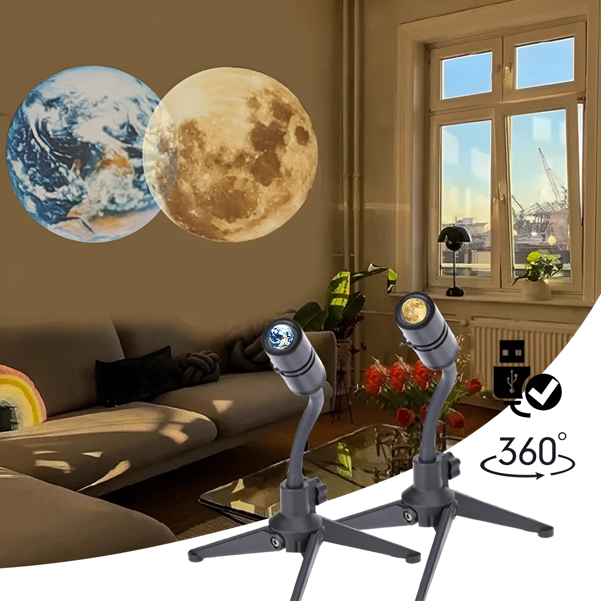 Star projector lamp showing earth projection with adjustable hose bracket and USB cable