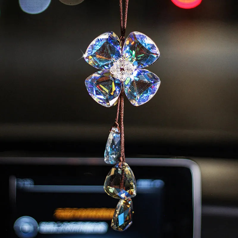 Crystal four leaf clover car pendant decoration measuring 20cm in transparent, champagne, black and shiny colours