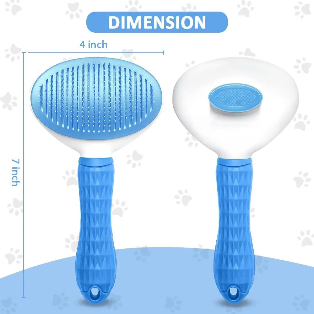 Blue cat grooming brush with a release button and fine wire bristles for removing loose pet hair.