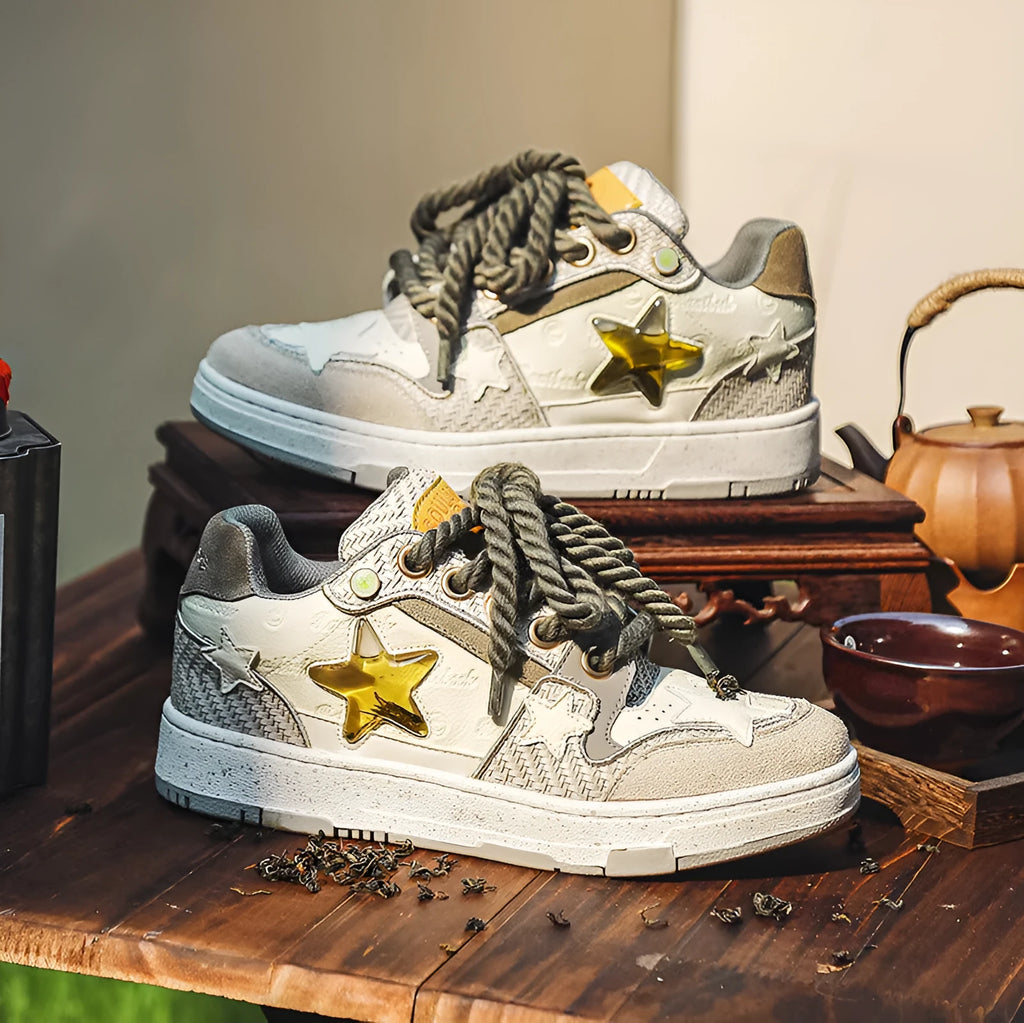Leather platform running shoes in West Lake dragon well tea colour with round toe and lace-up closure