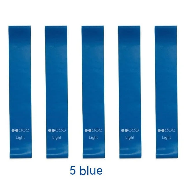 Five colour-coded TPE yoga tension straps with graduated thickness for resistance training