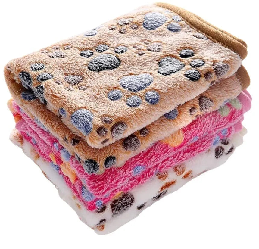 Coral fleece pet blanket with paw print pattern in beige colour, suitable for dogs and cats