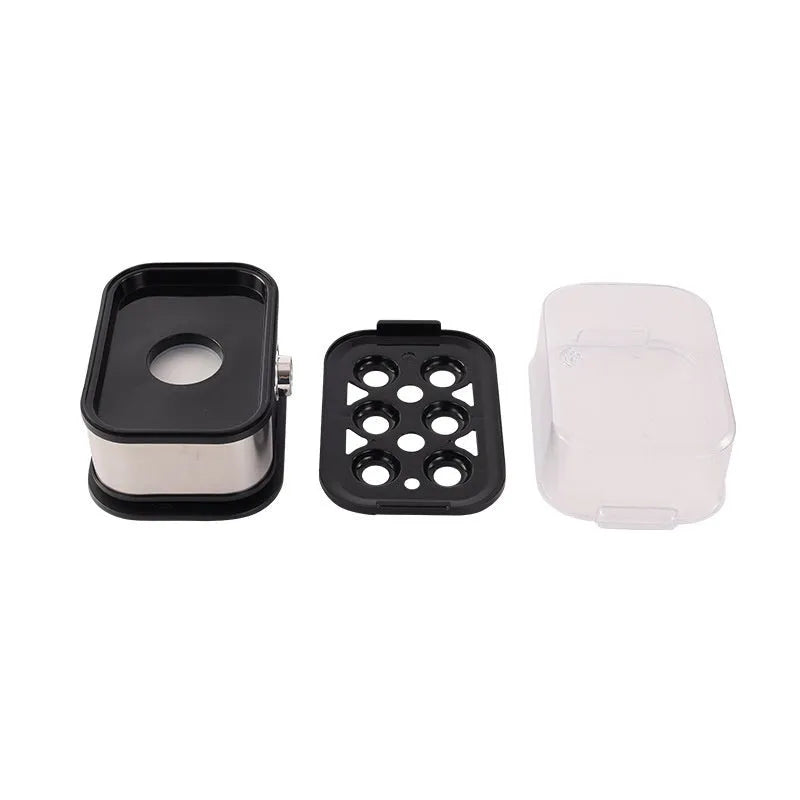 Black stainless steel portable egg boiler with carrying belt for travel use
