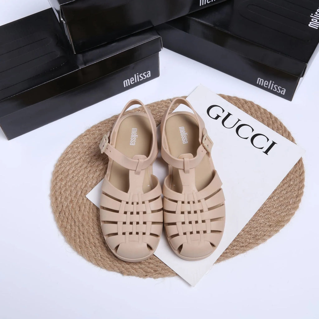 Vintage weave Roman sandals in PVC with buckle fastener, shown in a choice of ten colours.
