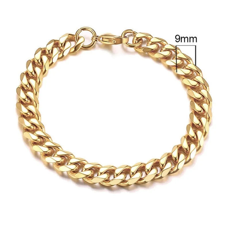 Six-sided Cuban link chain metal bracelet shown in gold, black and steel colour finishes with different width options.