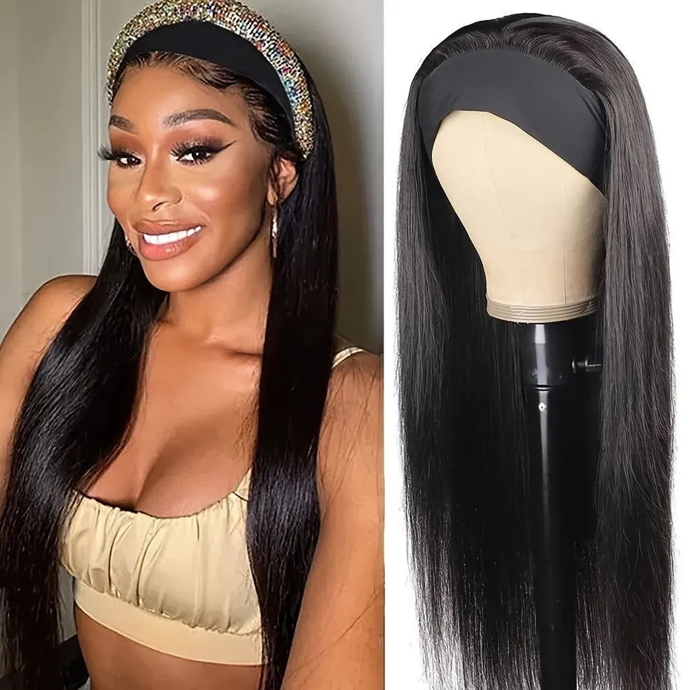 Headband wig with long high temperature fibre hair in headscarf style, shown in black straight, black curly and wine red colour options