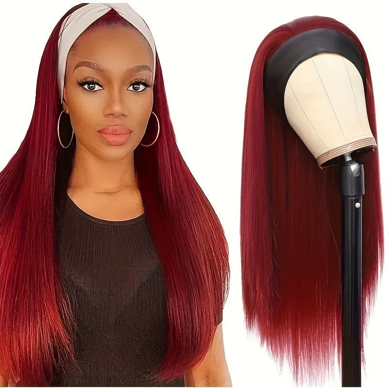 Headband wig with long high temperature fibre hair in headscarf style, shown in black straight, black curly and wine red colour options