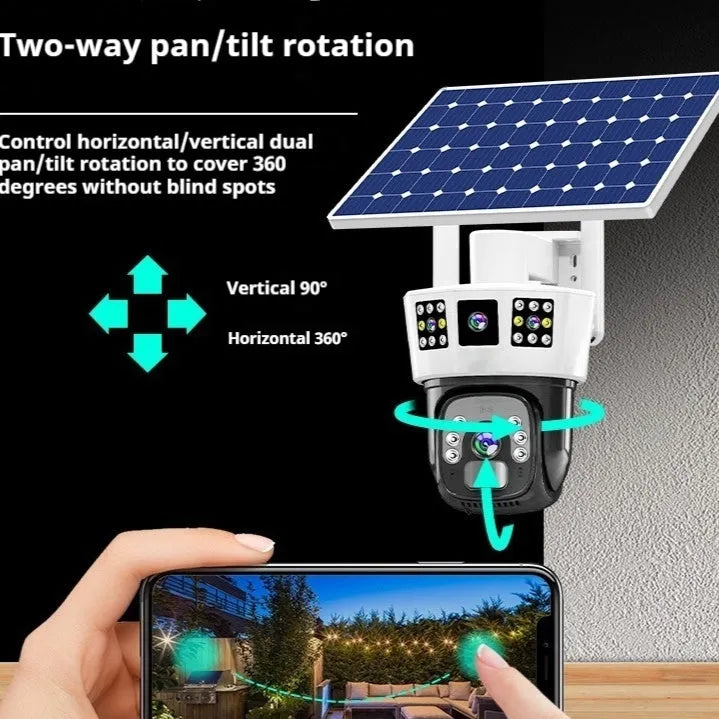Solar-powered outdoor surveillance camera with three screens and solar panel