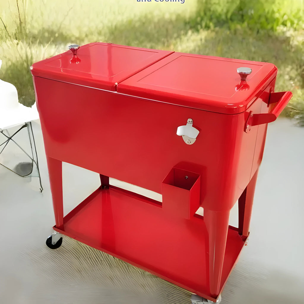 Red outdoor metal insulated trolley cooler box with 750 capacity for picnics.