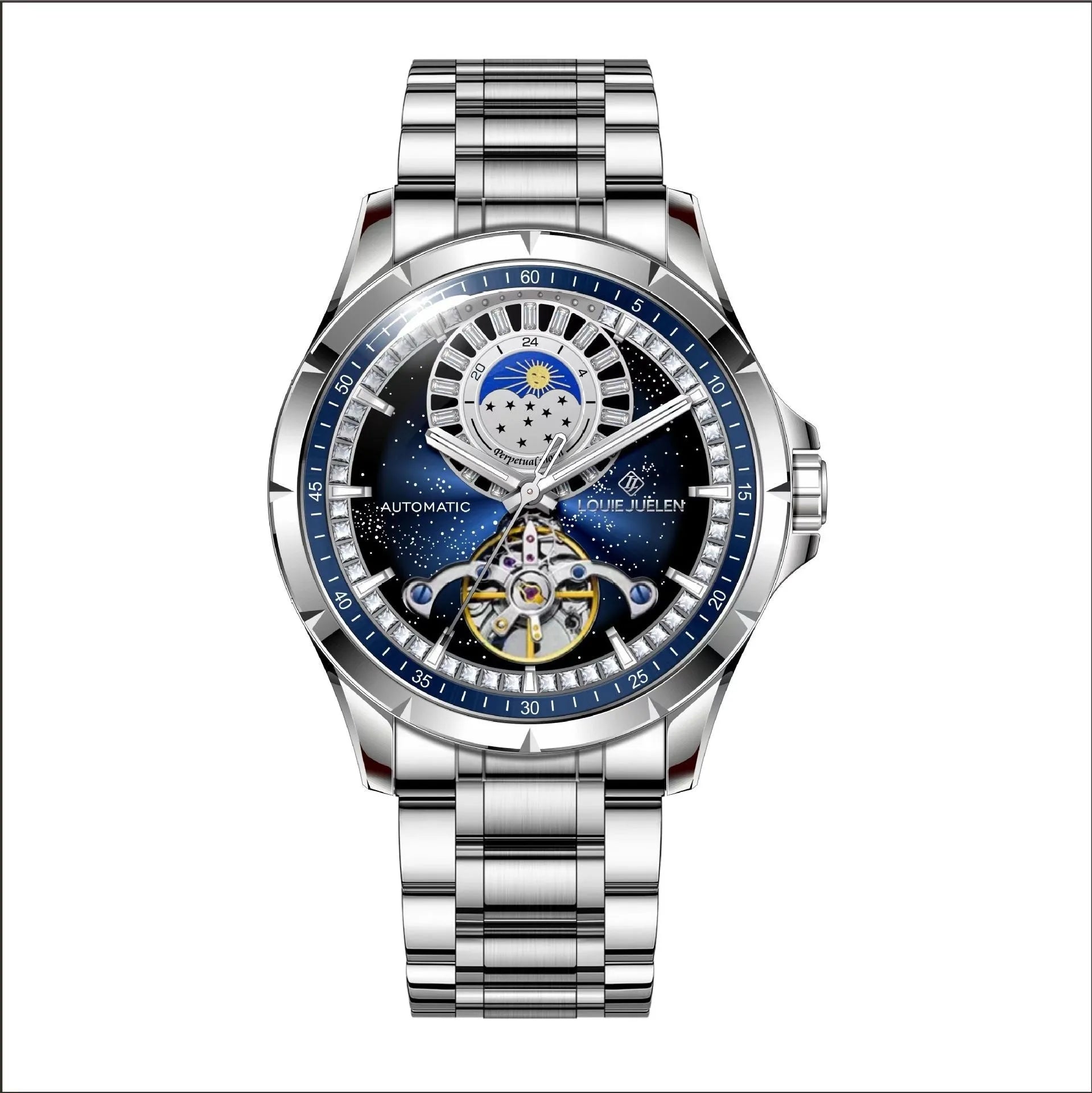 Silver automatic mechanical watch with blue dial on stainless steel bracelet showing transparent caseback