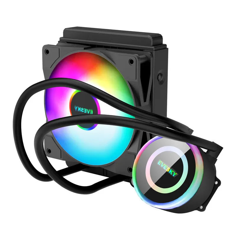 Aluminium CPU radiator with RGB fan lighting mounted in a gaming PC case.