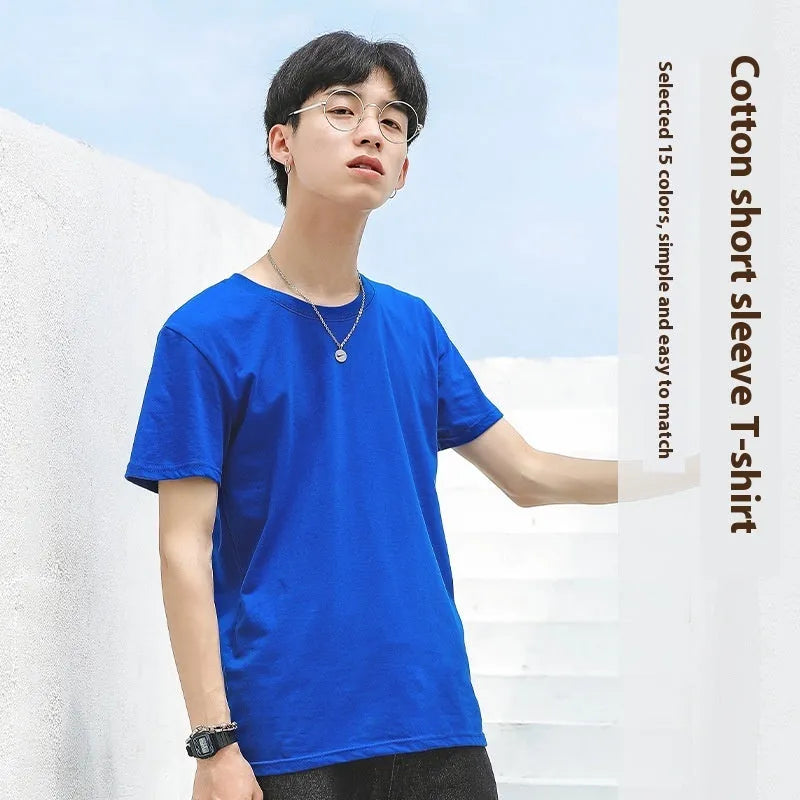 Men's solid colour round neck cotton t-shirt on a hanger