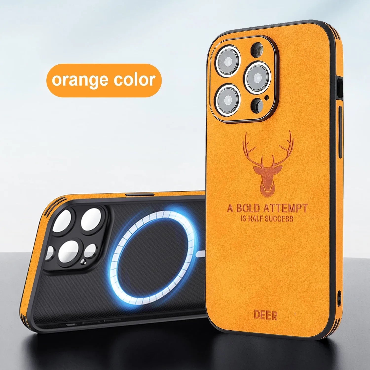 iPhone 16 series imitation leather phone case with embossed moose head design, shown in multiple colour options