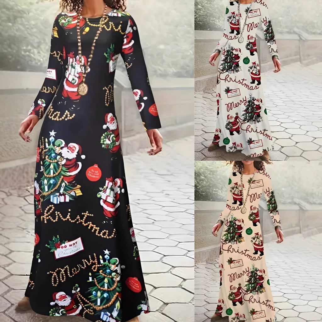 Santa Claus printed long sleeve round neck polyester dress in beige with mid waist and leather stitching