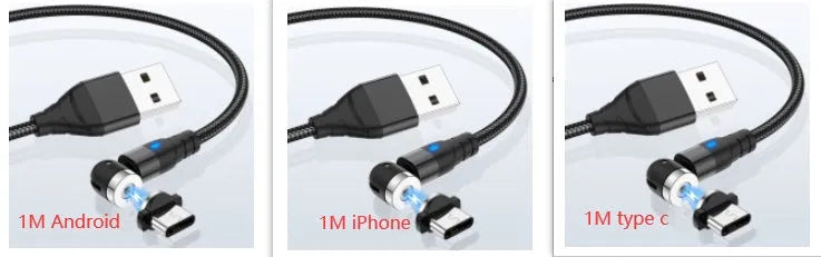 Magnetic charging cable with LED light indicator in various colours showing magnetic connection heads
