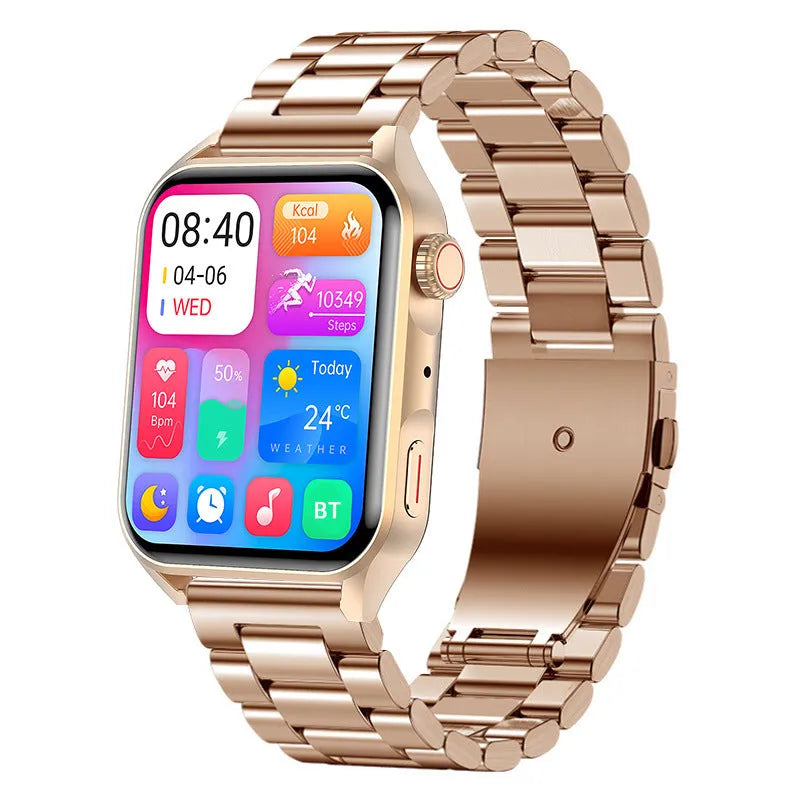 Smart watch with AMOLED screen and stainless steel case on silicone wrist strap