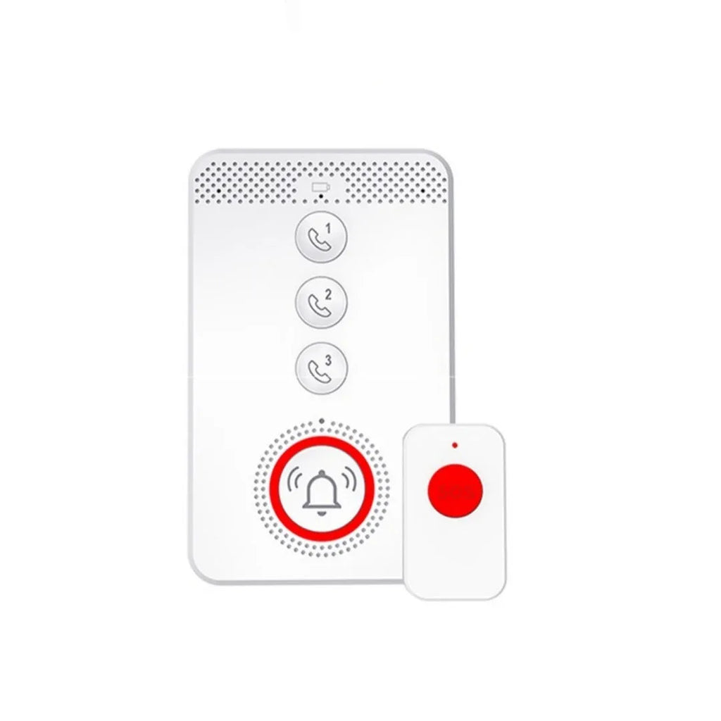 White voice emergency alert device with central buzzer and three wireless emergency buttons for elderly care