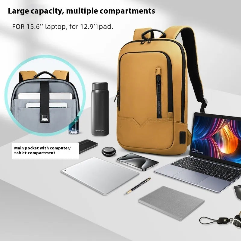 Lightweight polyester commuter backpack with USB port in olive green colour