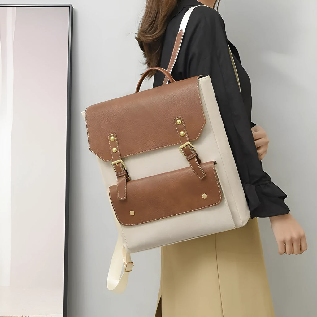 Korean style simple retro backpack in soft PU material shown in black, brown, creamy white, and dark brown colours.
