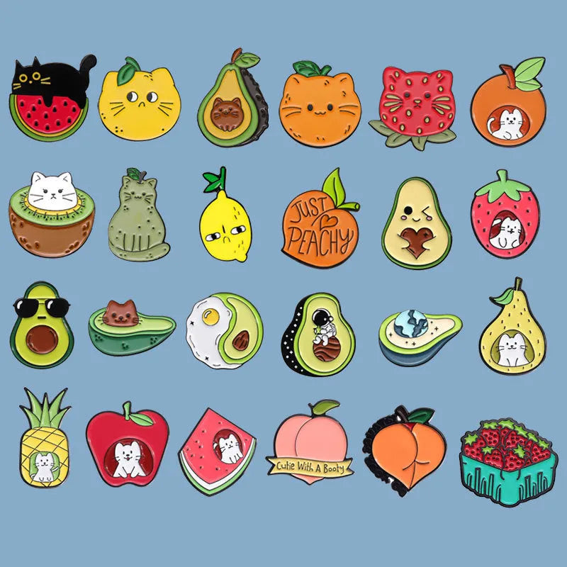 Colourful cartoon fruit design metal brooch with letters on a zinc alloy pin.