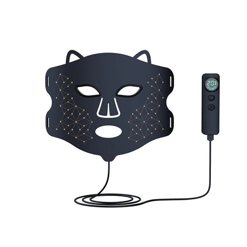 Black four-colour LED photon beauty mask with neck care strap and adjustable settings