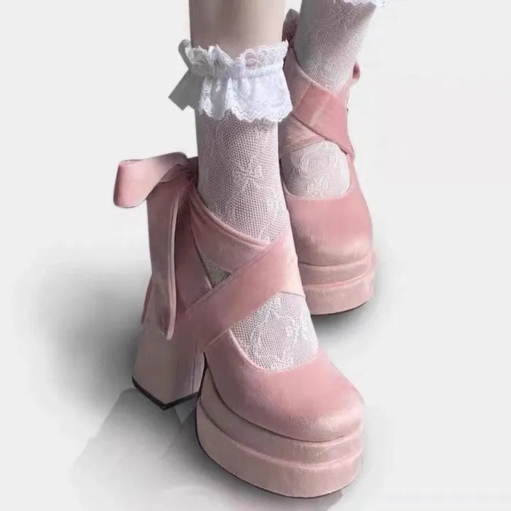 Women's suede lace-up Mary Jane high heels with buckle fastening in black, white, and pink