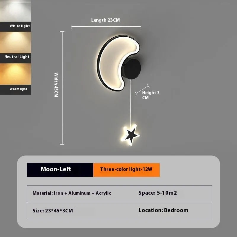 Cloud and star-shaped children's bedside wall lamp with LED lighting in black or white finish
