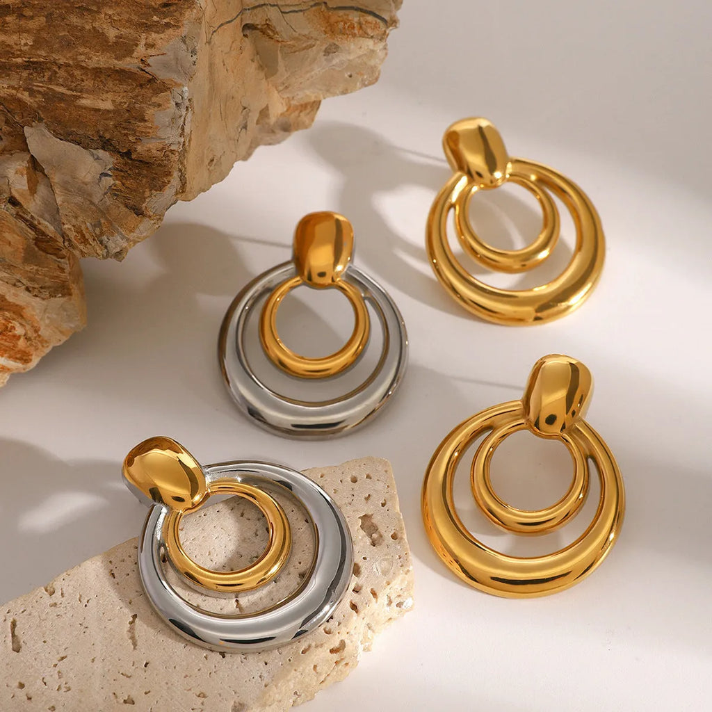 Round geometric double layer hollow stud earrings with 18K gold plating