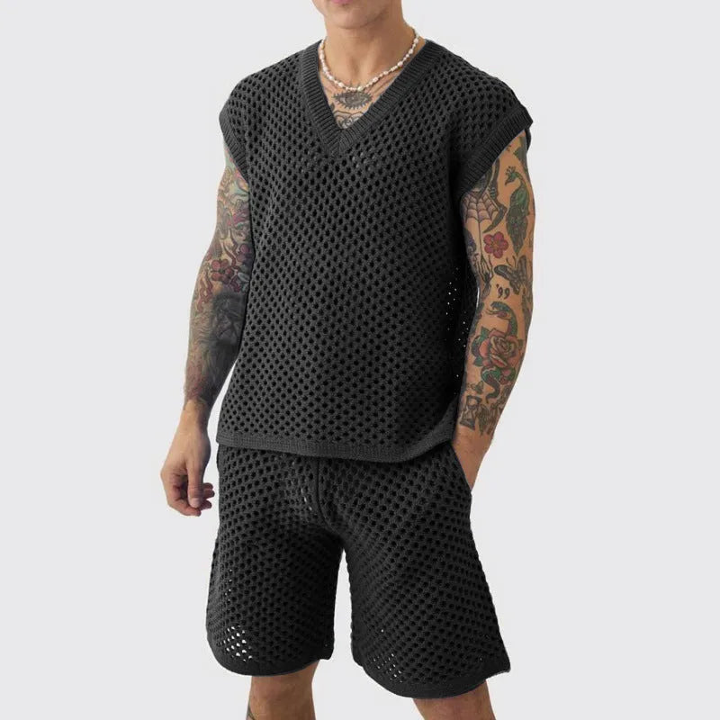 Men's blue knitted V-neck vest and shorts summer sports suit set