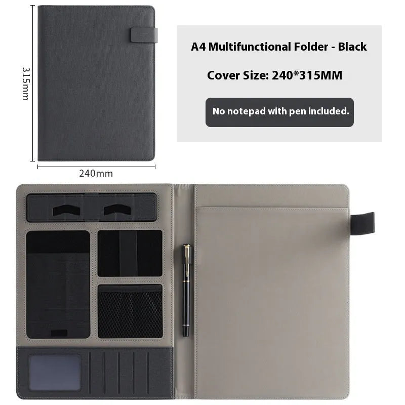 Leather A4 business folder in black with optional pen and notepad accessories