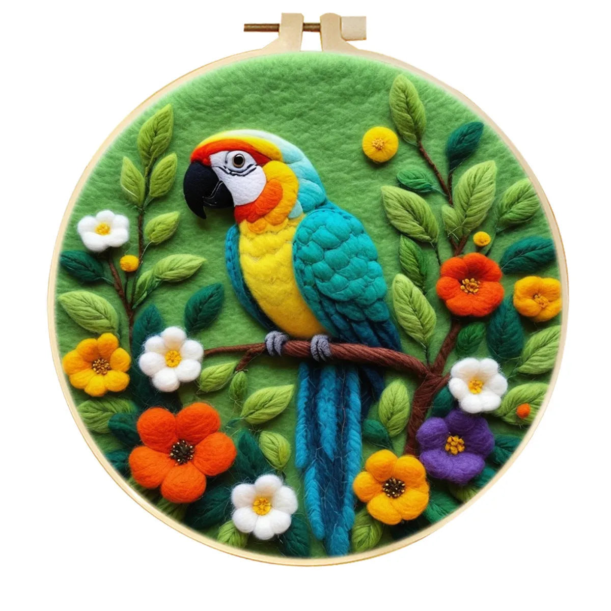 Round linen embroidery kit with wool felt materials for three-dimensional floral design