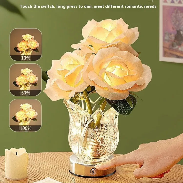 Crystal flowers rechargeable touch control table lamp with dimming function on wooden surface
