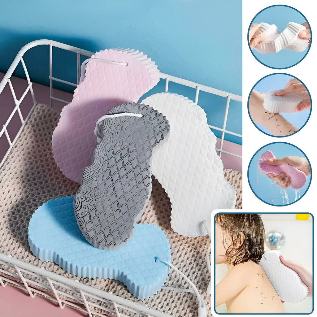 3D fish scale pattern bath sponge in light blue colour showing textured exfoliating surface