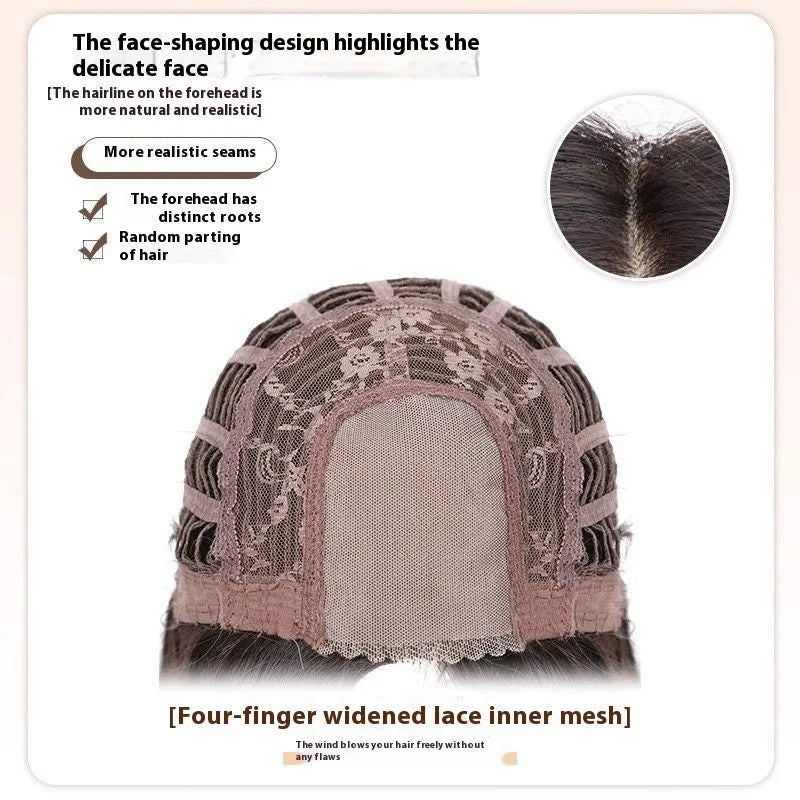 Full-head forehead lace synthetic wig in mid-length straight dark brown style for dress up.