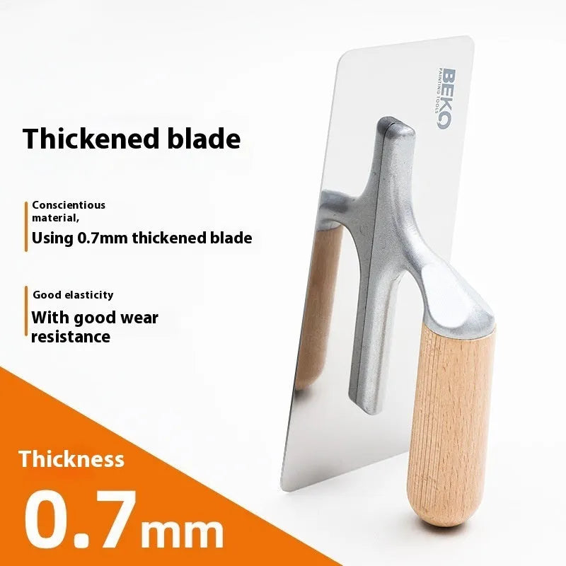 Stainless steel putty scraper with wooden handle shown in three different blade size options