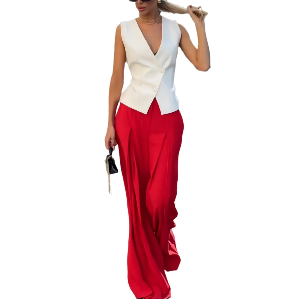 Women's beige polyester two-piece set with deep V-neck sleeveless top and high-waist wide-leg trousers