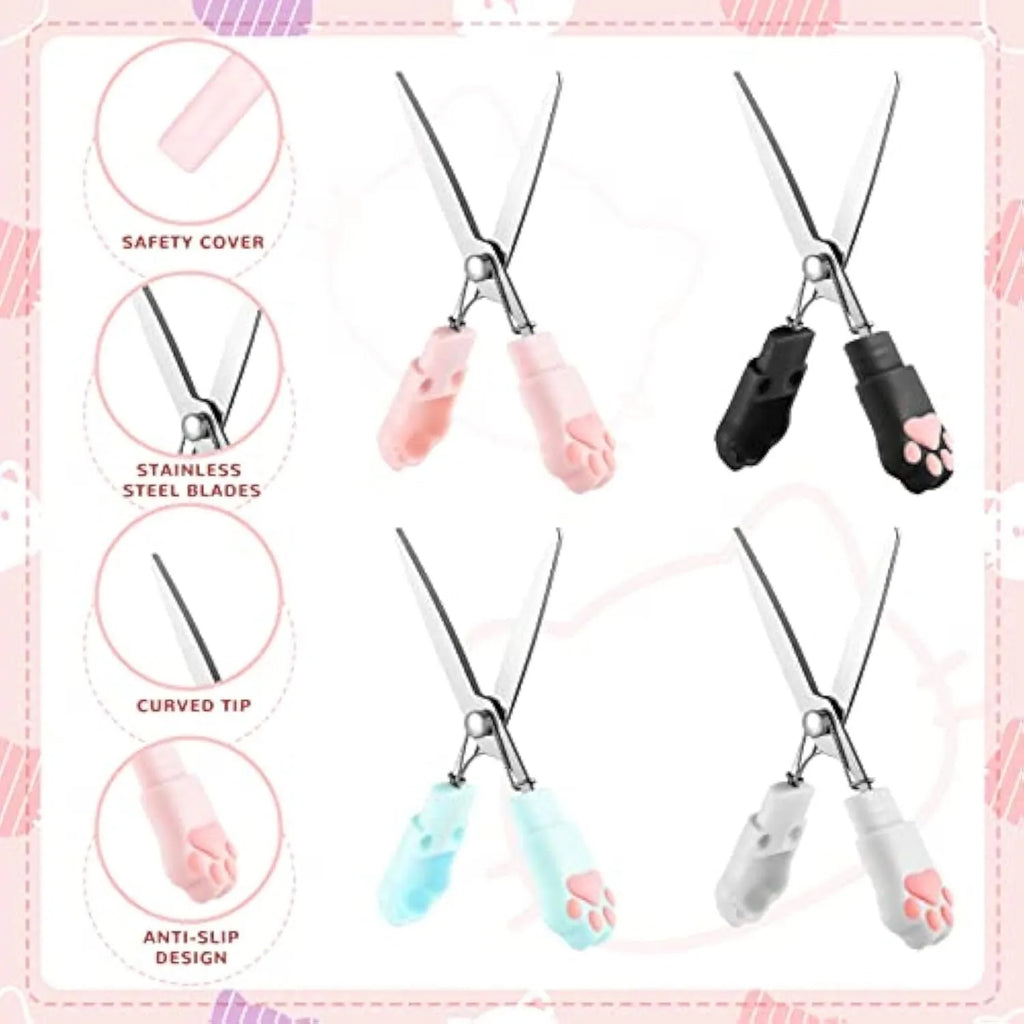 Folded cat paw mini scissors in stainless steel and plastic available in pink blue black and white colours measuring 8.7cm