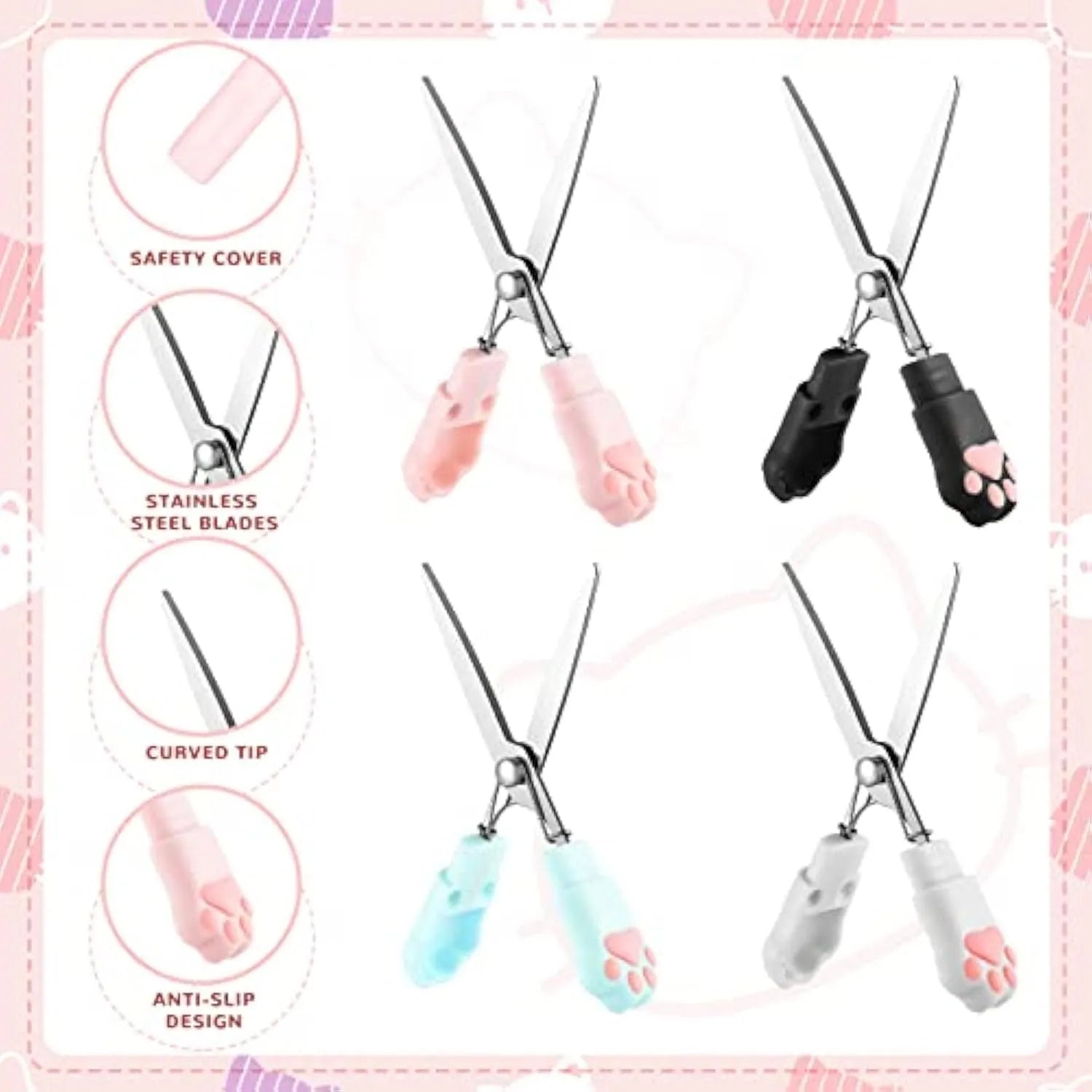 Folded cat paw mini scissors in stainless steel and plastic available in pink blue black and white colours measuring 8.7cm