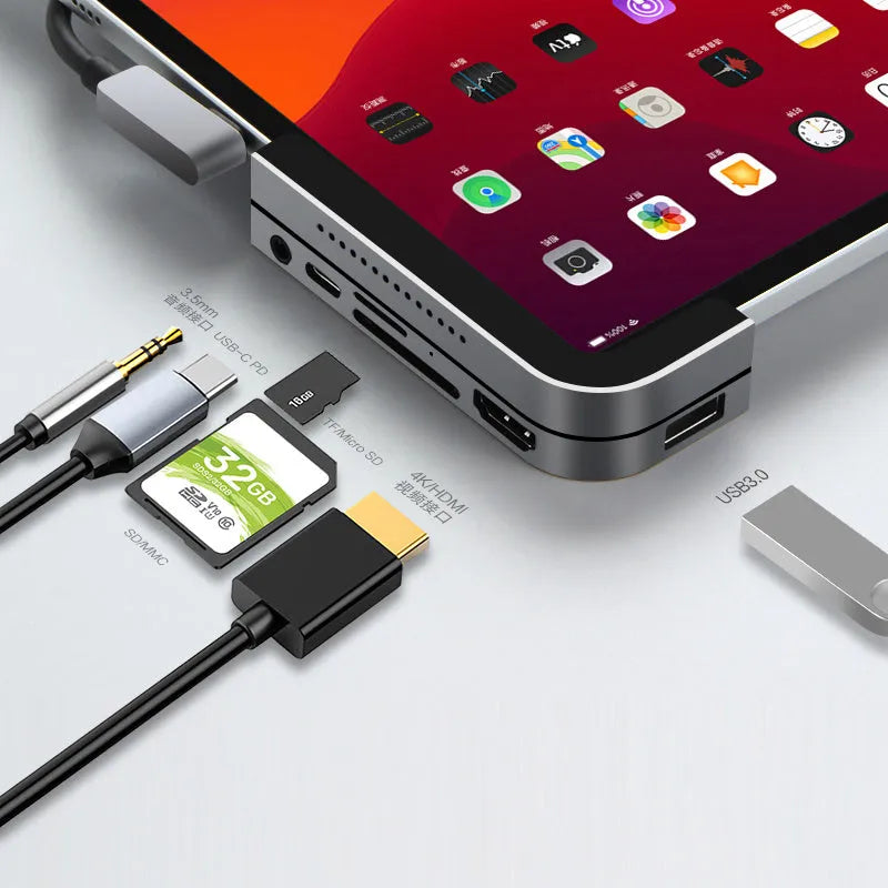 Silver aluminium grey 6-in-1 docking station for iPad Pro with USB-C connector and multiple ports
