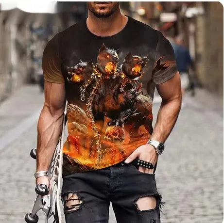 Men's black t-shirt with a fierce 3D lion graphic print on the front.