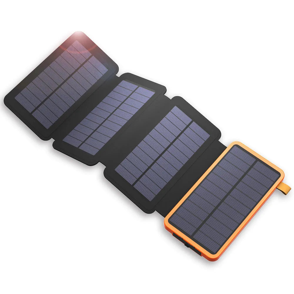 Black solar power bank with a solar panel, LED light, USB ports, and a soft leather casing.