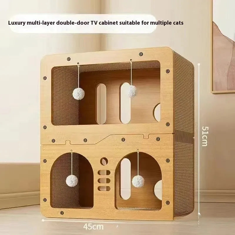 Double layer cat scratching board with attached enclosed cat nest in selected style