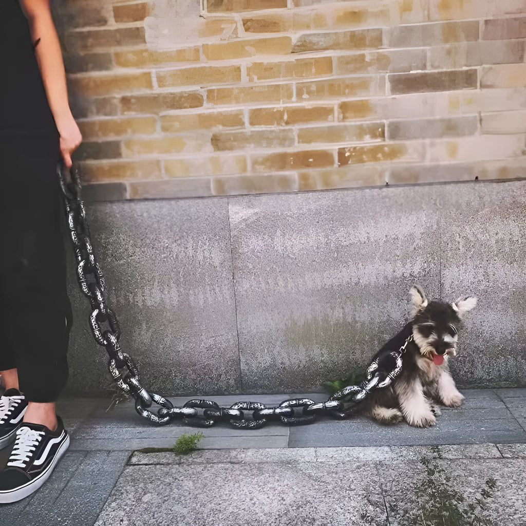 PP plastic simulation dog leash prop in bronze, antique silver, and black colours showing different lengths.