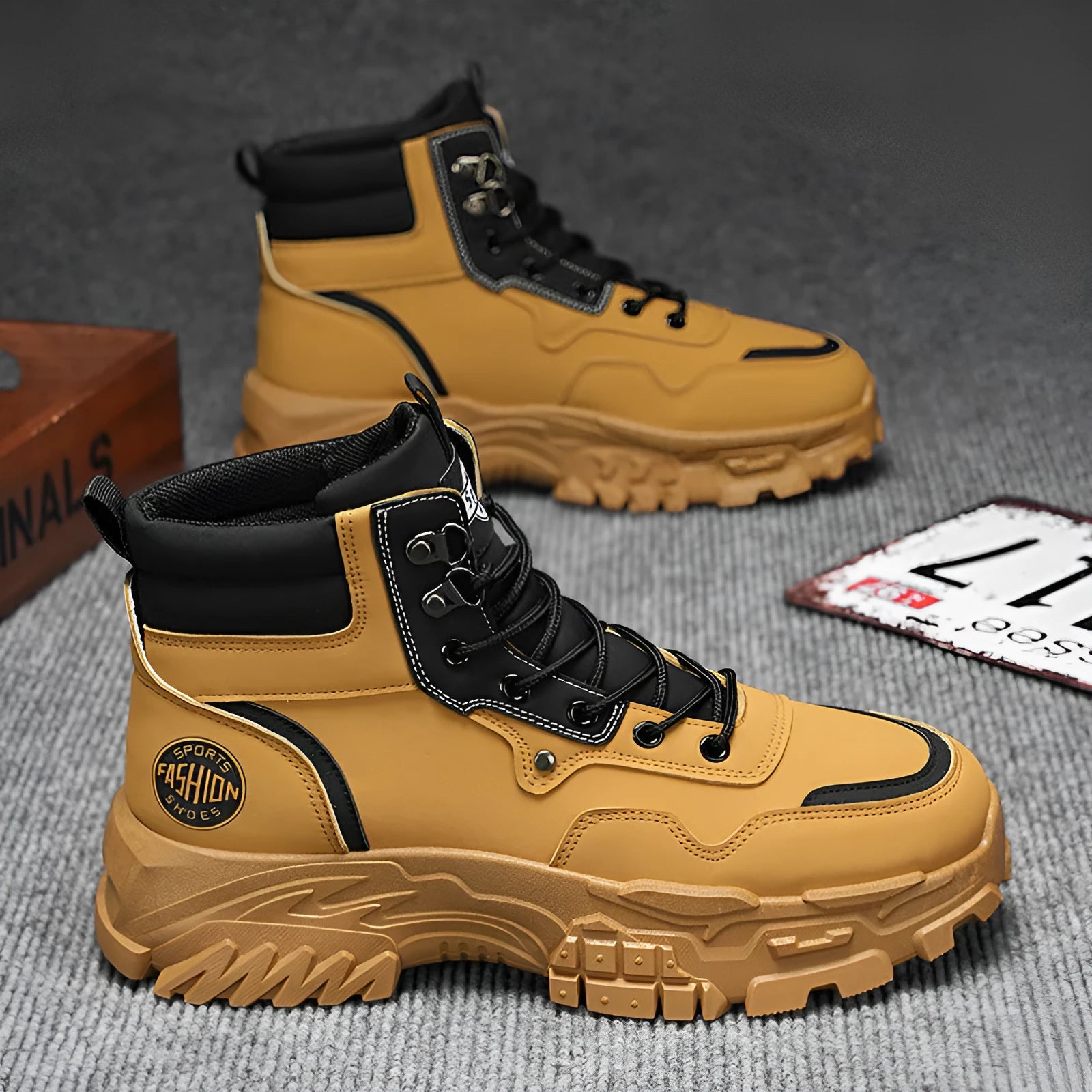 Men's black Martin work boots with mid heel and artificial PU upper material
