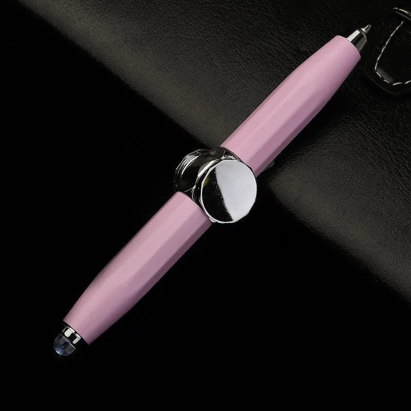 Metal ballpoint pen with a built-in fingertip gyro spinner and LED light, shown in multiple ink colour options.