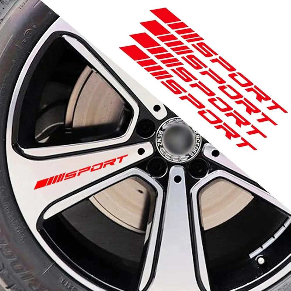 PET car rim stickers with hollow sports design in black, red, and white colours