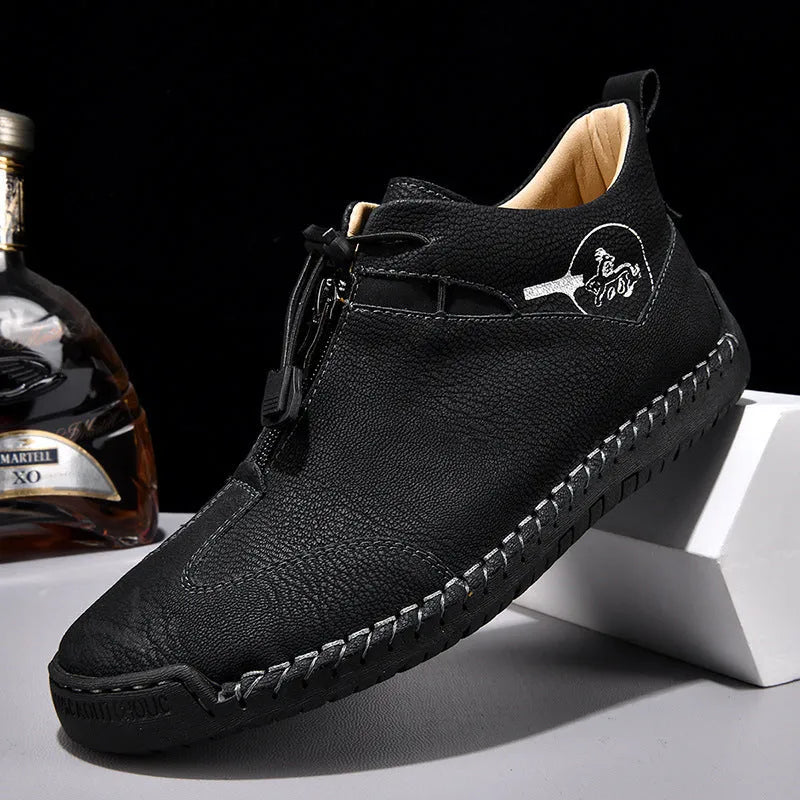 Men's casual leather shoes with mid heel and tall crown in black blue green khaki colours