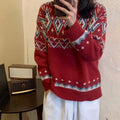 Retro striped pullover knitted top with long sleeves in white or red
