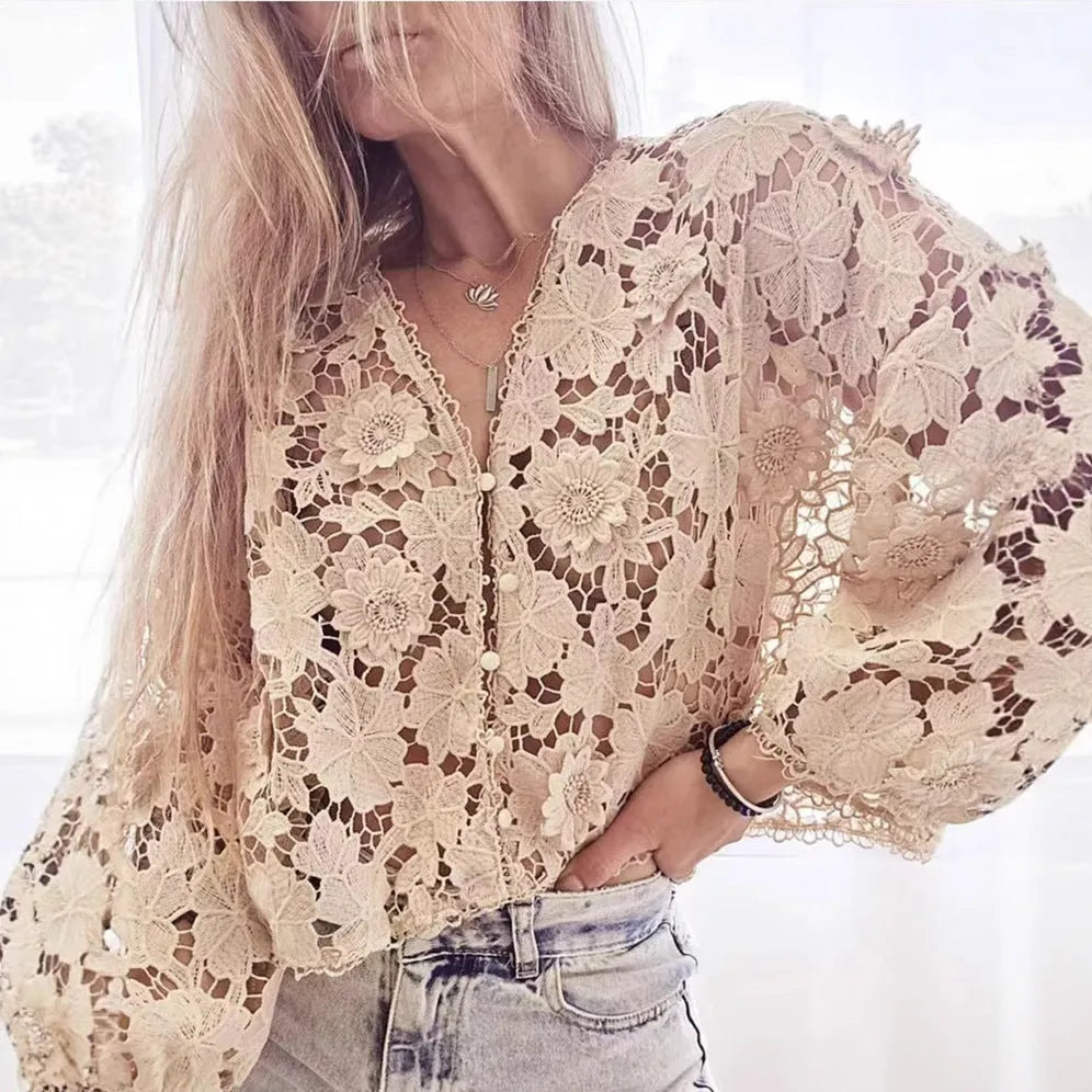 Women's loose V-neck cardigan with a large three-dimensional lace flower on hollow lace fabric.