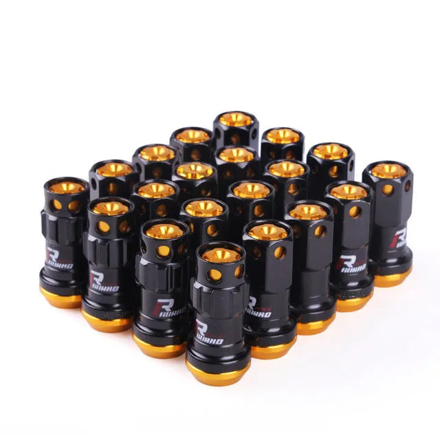 Set of forged aluminium alloy wheel hub nuts in various colours showing M12 thread.